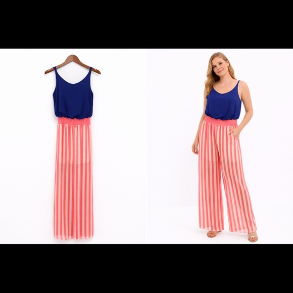 Pants - Blue Pink Wide Leg Striped Jumpsuit Size Medium